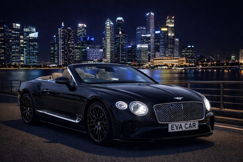 Bentley Continental GT Convertible option for a premium wedding car rental Singapore schedule at night.
