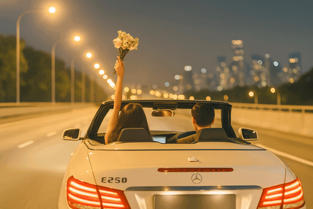 Couple celebrating in a white Mercedes E-Class Cabriolet driving toward the Singapore skyline at dusk