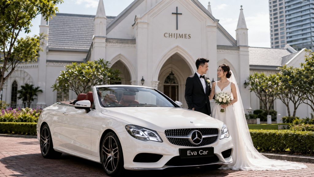 Bride and groom beside a white Mercedes E-Class Cabriolet booked as a ROM convertible rental Singapore ceremony car at CHIJMES