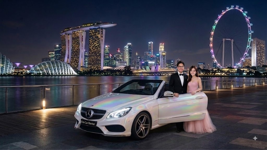 Bride and groom beside a white Mercedes E-Class cabriolet at Marina Bay at night.