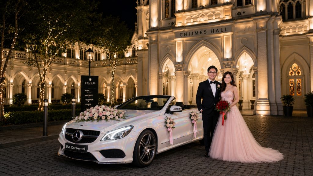 Newlyweds beside a decorated Mercedes cabriolet after a church wedding car rental Singapore booking