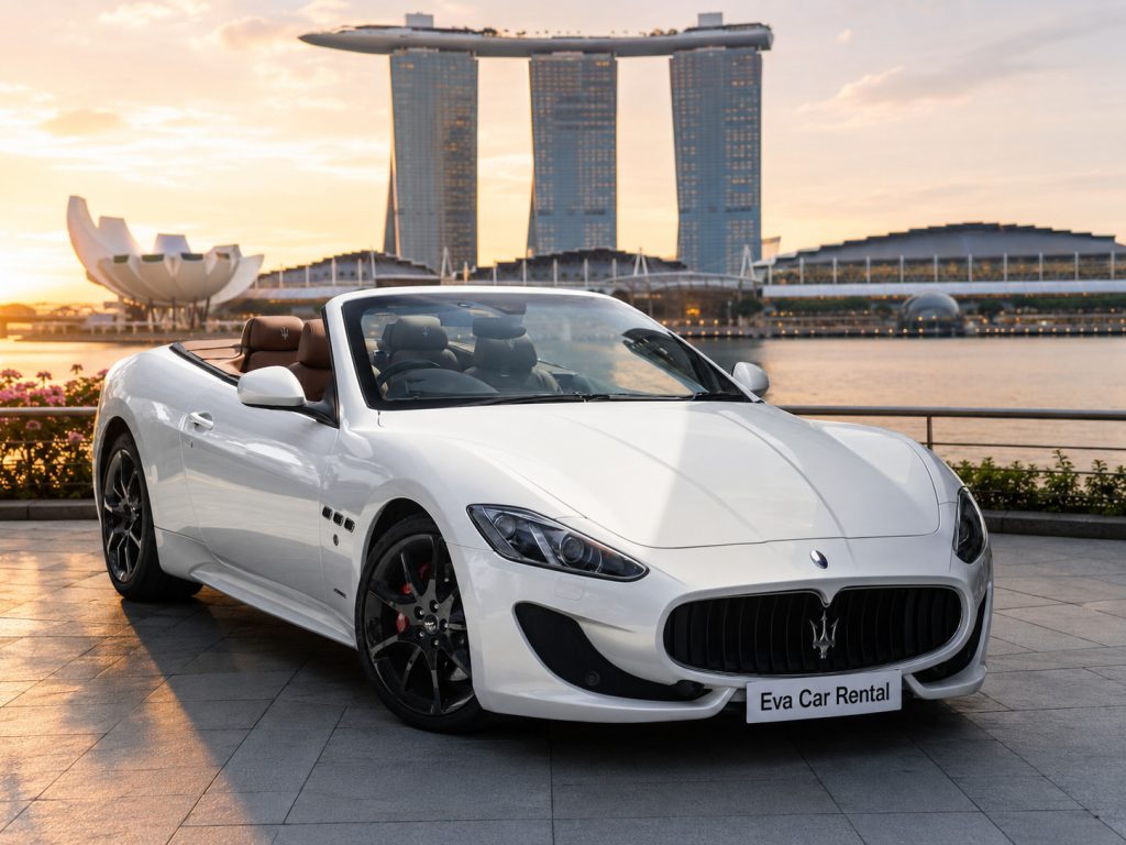 White Maserati GranCabrio showing the flagship convertible car rental Singapore cost tier