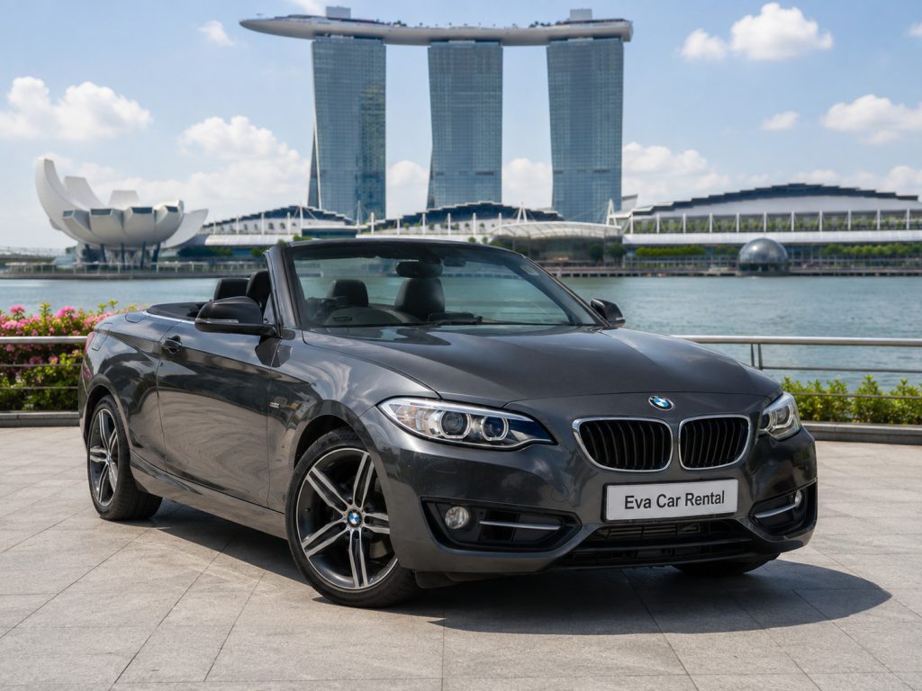 BMW 218i Cabriolet with the roof down, a popular church wedding car rental Singapore choice