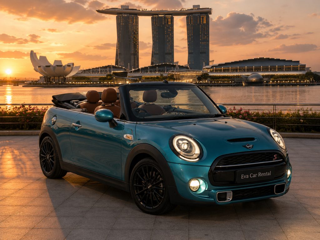 Teal Mini Cooper Cabriolet at Marina Bay at the entry convertible car rental Singapore cost