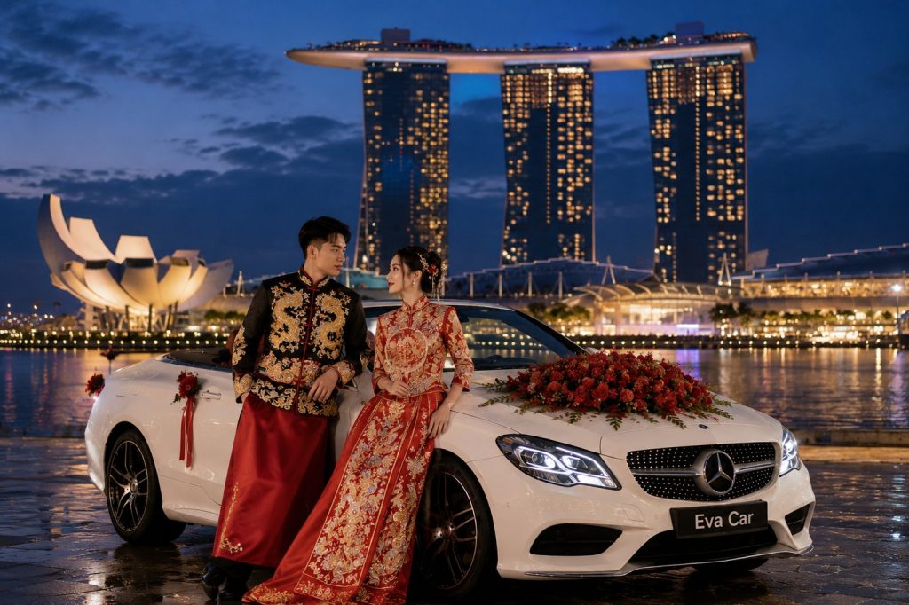 Couple in traditional Chinese red wedding attire beside a white Mercedes cabriolet decorated with red roses at Marina Bay, Singapore.